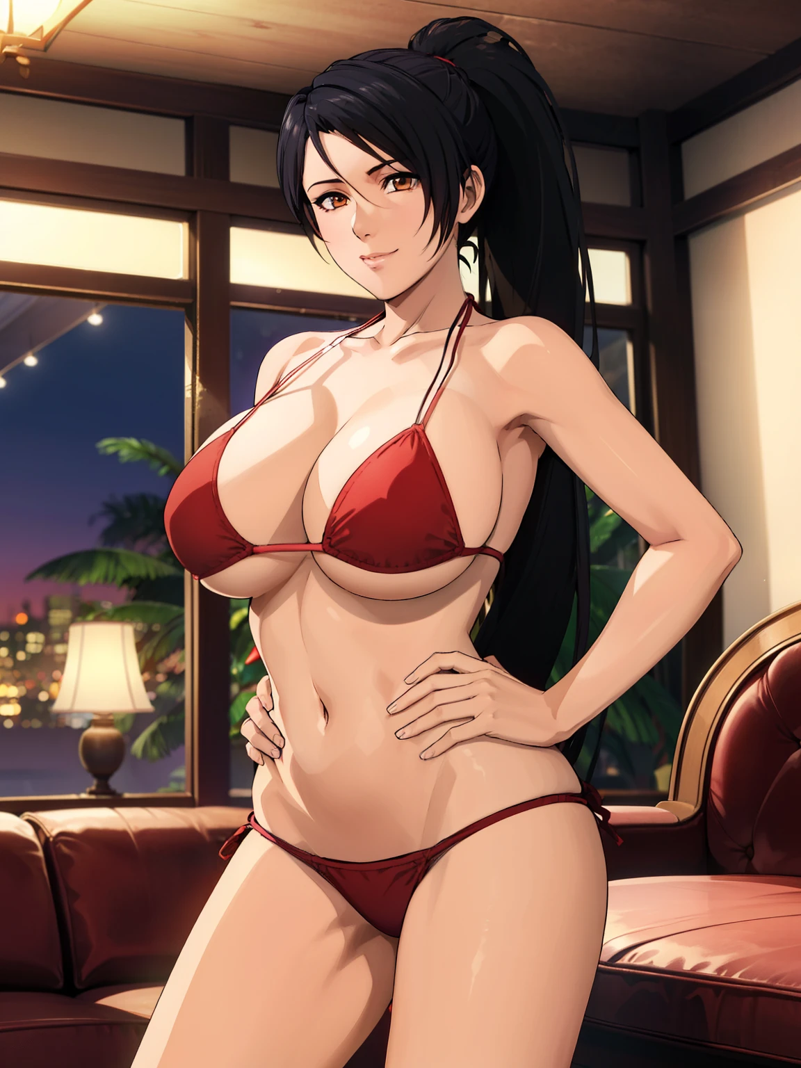 standing, sexy pose, (red fish skin texture bikini), livingroom background, momiji, anime cels style, best quality, high resolution, 1girl, (huge breasts:1.2), beautiful face, black hair, long hair, ponytail, brown eyes, cowboy shot, light smile