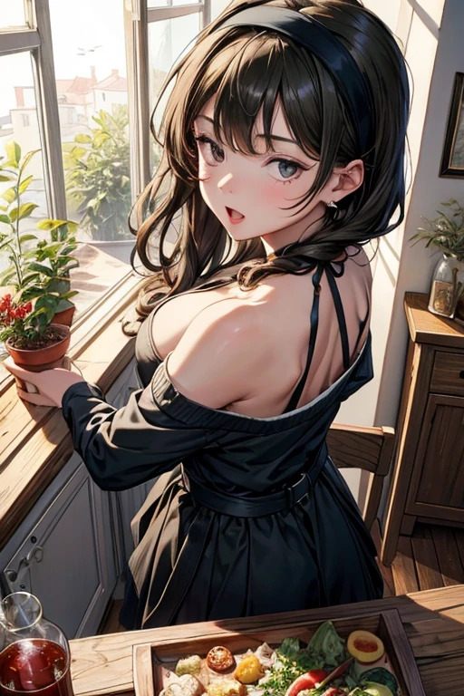 (from above:1.0),(from side:0.9),masterpiece, 1girl, Amazing Cleavage:1.1, thin waist, big ass, Raised sexy, small breast: 1.3, posed cleavage:1.2、solo, looking at viewer, open mouth, have a cute grass of cute beergrass,black hair, dark green eyes, dress, bare shoulders, jewelry, collarbone, sidelocks, hairband, earrings, indoors, off shoulder, :o, sweater, arms behind back, plant, short hair with long locks, gild hairband, off-shoulder dress, sweater dress, off-shoulder sweater, red sweater, dark gord hair, big side hair, very long side hair,is rendered in (masterpiece: 1.2, best quality), with (ultra high resolution) and an exquisite (depth of field). This masterpiece is not only visually stunning but also tells,A scene of cooking in the kitchen by classroom