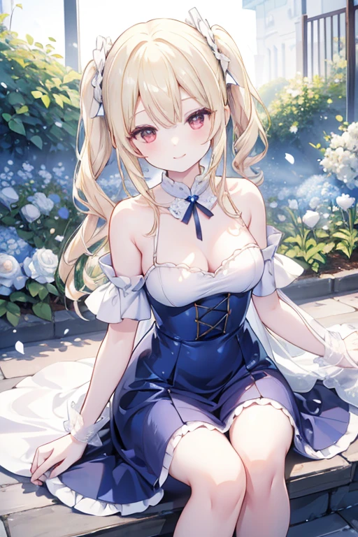 One blonde girl、red eyes、poneyTail、a blue dress、off shoulders、Garden of white roses、smile