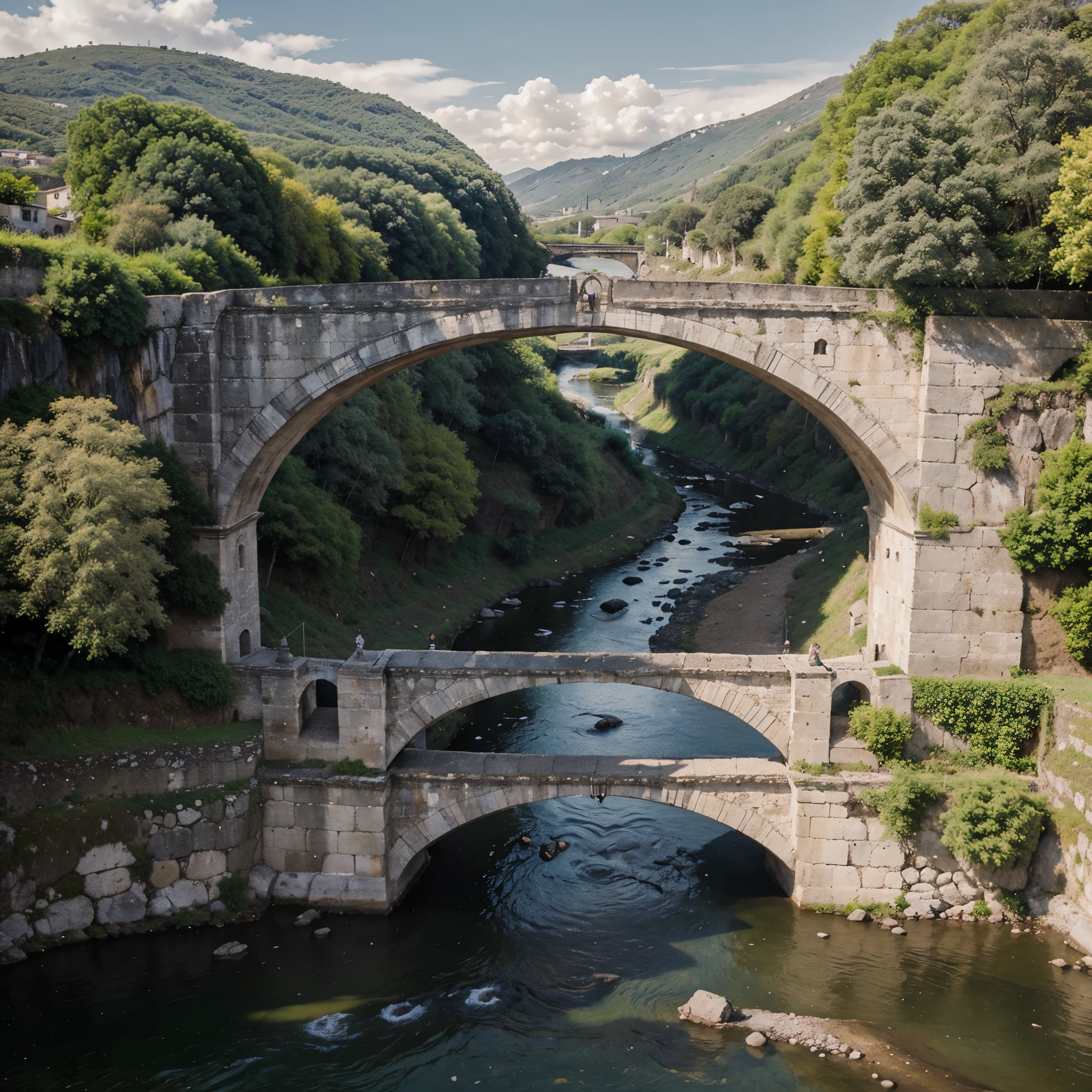 Obra de arte en acuarela, a landscape with a river and a gray stone bridge that crosses it. Pasto con algunas flores y cielo del atardecer