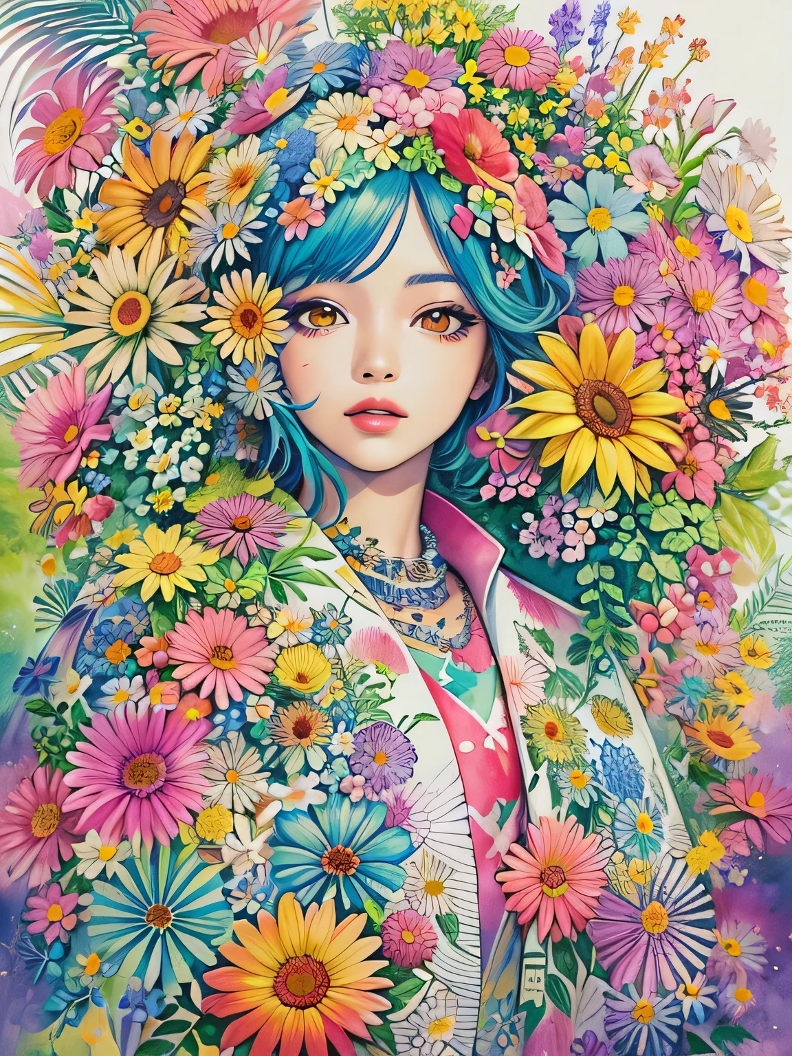 Hiromi Matsuo Style、(((stylish fashion))), 8K Quality、Intense watercolor, Detailed watercolor art, Watercolor splash, Surreal, avant-garde pop art, Beautiful and expressive paintings, Beautiful artwork illustration, Very colorful tones, wonderful, Cool beauty, highest quality、Official Art, Vector art, Stylish design, (((The most beautiful girl))), (((highest quality))), HDR, ((detailed)), (((Doodle Art)), ((masterpiece)), ((Super detailed)), (((Colorful flowers))),(((Stylish))), (((adventure)))