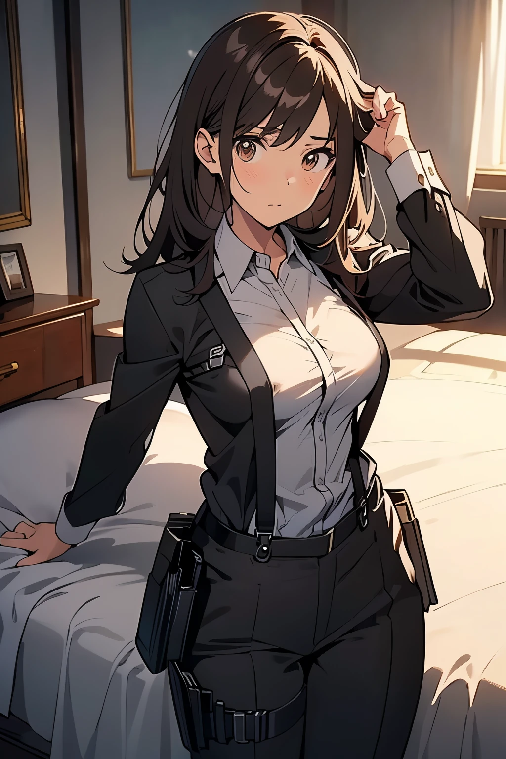 Brown Hair、Staring at the audience Black suspenders bulging big breasts wall: Black pantsuit sight Small face holster Beautiful woman Show your hand Lying in bed sight Taunt side side汗 arm Dress shirt Black Suit belt