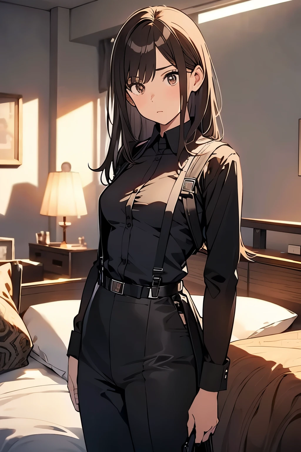 Brown Hair、Staring at the audience　　　Black suspenders　　　bulging big breasts　　 　 　　　wall: 　Black pantsuit　　　　　　sight　　　Small face　 　　　holster　　　Beautiful woman　　Show your hand　　 Lying in bed　　sight 　　Taunt　side　side汗 　arm　Dress shirt　Black Suit　belt