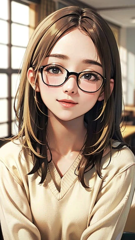 1 female, /(Tight sweater/) V-neck, Mature Woman, /((((Mid-length hair、Light brown hair、Blonde hair)))) Beautiful forehead, Stylish Glasses、A gentle blushing smile, (Masterpiece of the highest quality:1.2) Delicate illustrations, super detailed, /(Modern house living room/) indoor