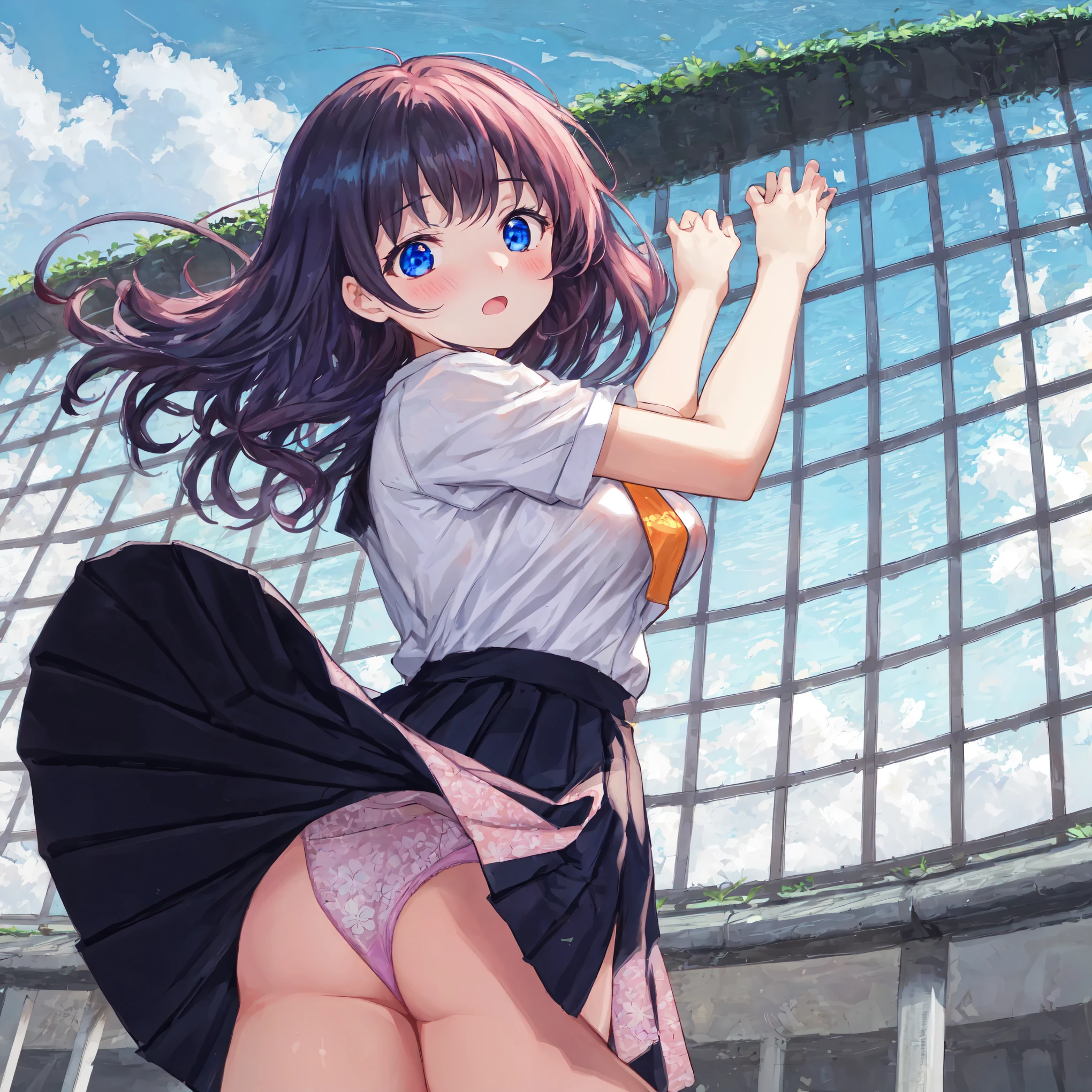 The wind flips up my skirt,caught on fence,Surprised,blush,{{inwardly curled hair}},From Below,{{Beautiful large and medium sized breasts 1:4}},High quality pink panties,{{high school girl}},Black pleated skirt,highest quality,From Below,{{Beautiful ass}},pretty girl,brush,High-quality backgrounds,Slanted Eyes,Detailed shirt chest wrinkles,{{{high school girl}}},BREAK,{{beautiful blue eye1:4}},BREAK,Five fingers