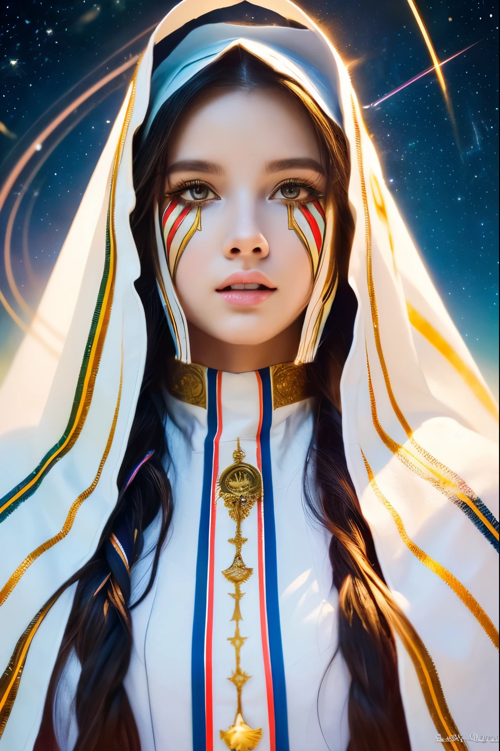 (masterpiece, highest quality, highest quality, Official Art, beautifully、aesthetic:1.2), (One girl), Very detailed, (Fractal Art:1.3), colorful, Most detailed, Perfect Face, Upper Body, High resolution, (pray:1.3), (White cloak, golden lines:1.2), Milky Way, (Streaks of Light), Impressive visuals, (Dynamic stripes, Light trail:1.2), Vibrant colors,