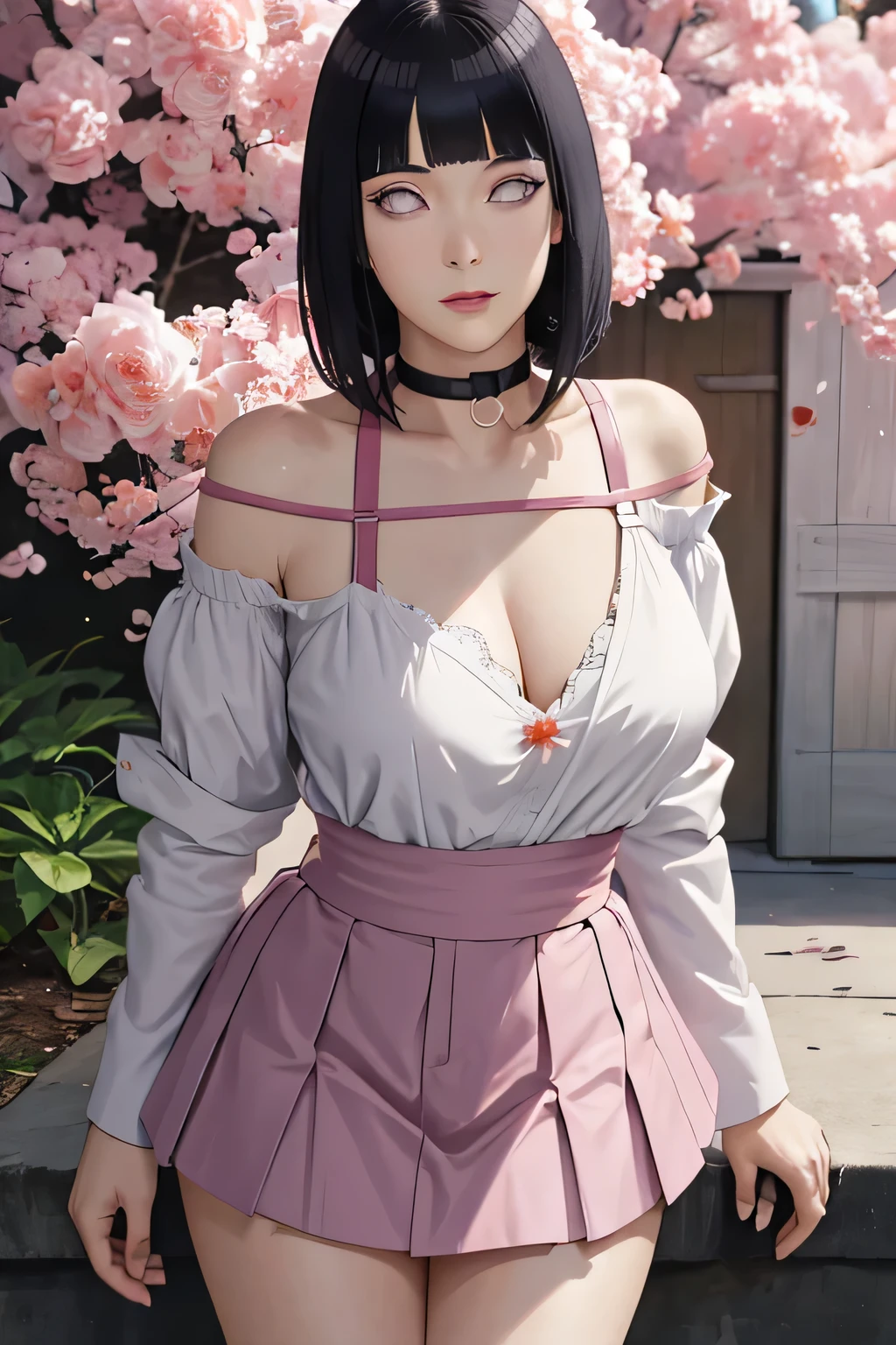 masterpiece, absurdres, hinata\(boruto\), 1girl, solo,mature female, off-shoulder strap bra, high waist short skirt, looking at viewer, (falling petals), perfect composition, detailed lips, big breast, beautiful face, body propotion, blush, (pink lips), long hair, purple eyes, soft gaze, super realistic, detailed, photoshoot, realistic face and body,