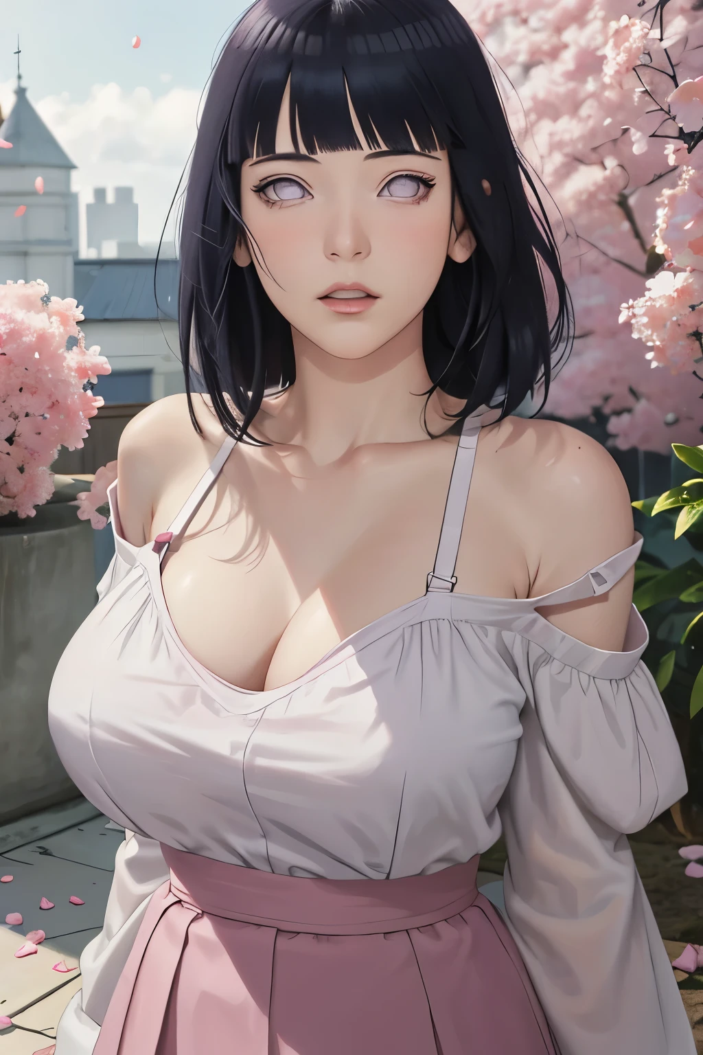 masterpiece, absurdres, hinata\(boruto\), 1girl, solo,mature female, off-shoulder strap bra, high waist short skirt, looking at viewer, (falling petals), perfect composition, detailed lips, big breast, beautiful face, body propotion, blush, (pink lips), long hair,  purple eyes,  soft gaze,  super realistic, detailed, photoshoot, realistic face and body,