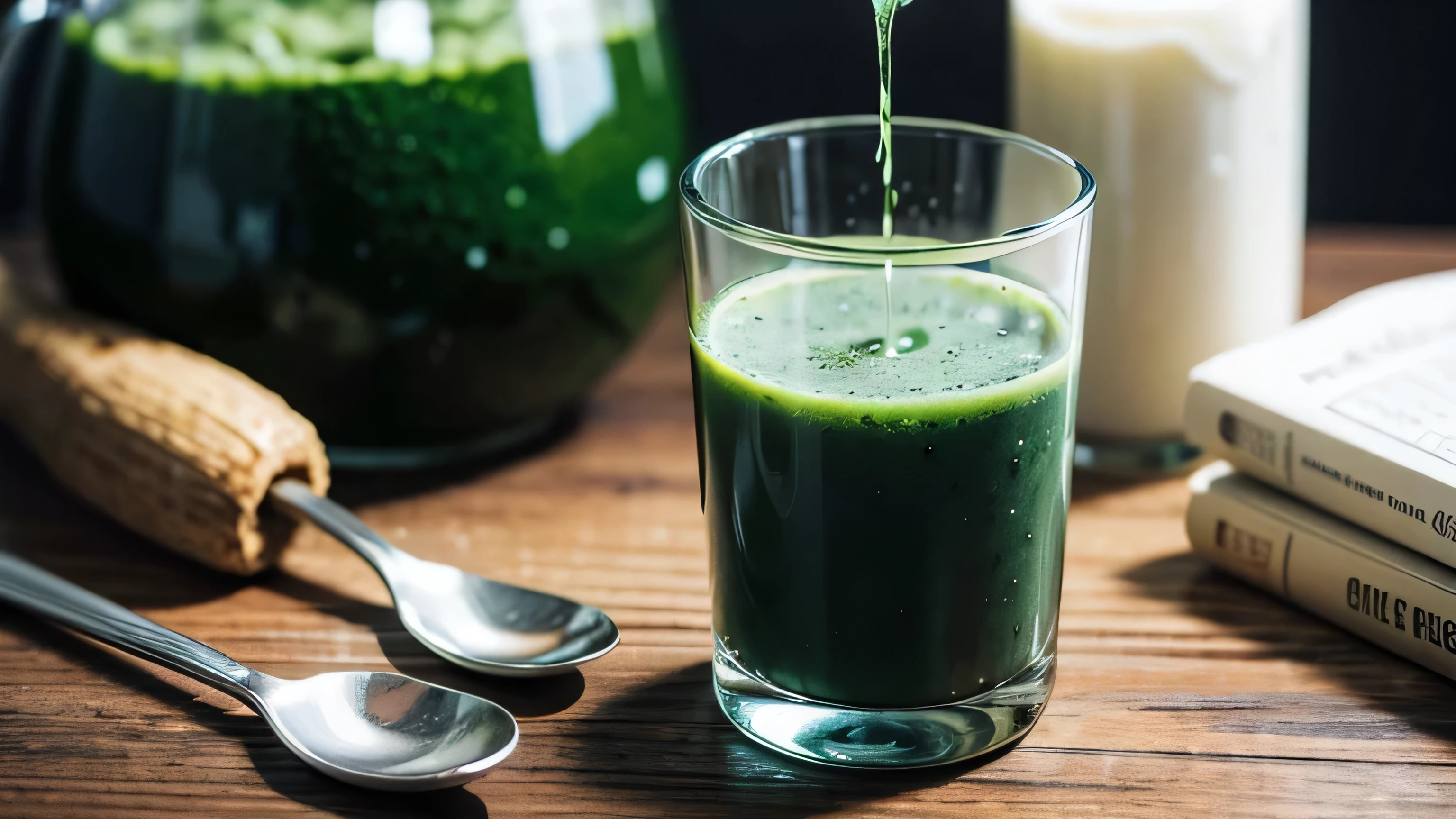 adding a spoon of spirulina powder in a glass of water, spirulina powder green, nice glass of water, modern glass, high definition, best quality, extremely detailed