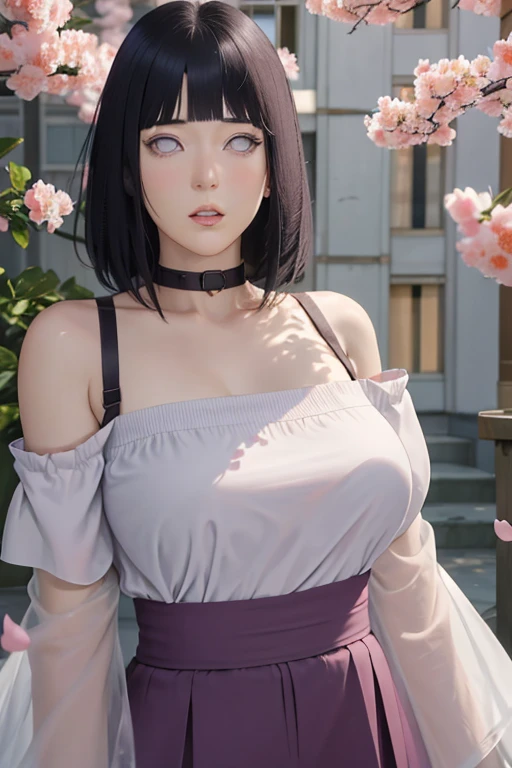 masterpiece, absurdres, hinata\(boruto\), 1girl, solo,mature female, off-shoulder strap bra, high waist short skirt, looking at viewer, (falling petals), perfect composition, detailed lips, big breast, beautiful face, body propotion, blush, (pink lips), long hair, purple eyes, soft gaze, super realistic, detailed, photoshoot, realistic face and body,