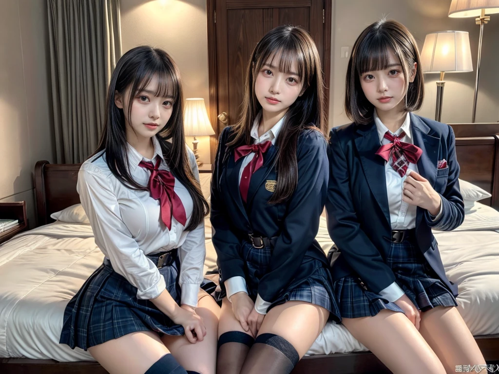 (8K, Raw photography, top-quality, masterpiece:1.2), master piece, best quality, illustration, Super detailed, fine details, High resolution, 8K,wall paper, perfect dynamic composition,(Details High quality, realistic depiction of eyes:1.3), ((2 girls, 2 schoolgirls)), The background is a luxury hotel room、High school girl uniform、blazer 、Super Short Check Uniform Skirt、Navy blue high socks、garterbelts、Colossal tits、Disturbed uniform, Play with each other,Touching each other's bodies,Touching the body of the girl next door, short bob hair, black hair color, huge breasts, Big Natural Color Lip, bold sexy pose, (perfect body shape), crying a little、cold gaze, Beautiful makeup,glitter makeup,Cutest 18 years old, beautiful legs, hposing Gravure Idol, Voluptuous thighs