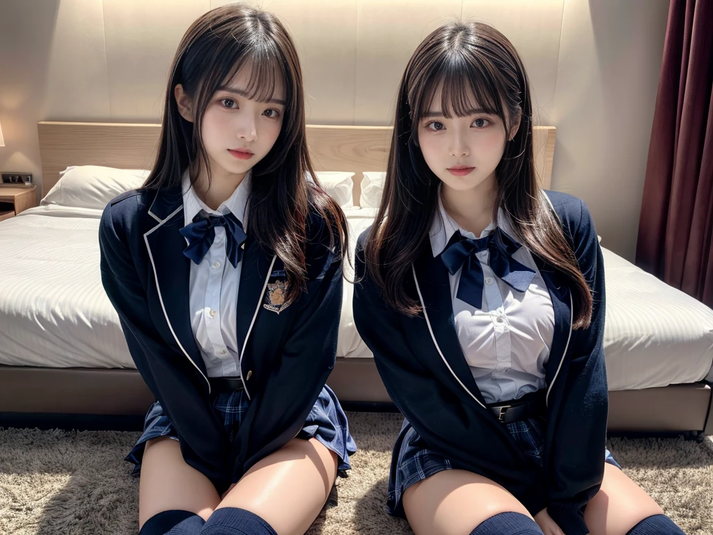 (8K, Raw photography, top-quality, masterpiece:1.2), master piece, best quality, illustration, Super detailed, fine details, High resolution, 8K,wall paper, perfect dynamic composition,(Details High quality, realistic depiction of eyes:1.3), ((2 girls, 2 schoolgirls)), The background is a luxury hotel room、High school girl uniform、blazer 、Super Short Check Uniform Skirt、Navy blue high socks、garterbelts、Colossal tits、Disturbed uniform, Play with each other,Touching each other's bodies,Touching the body of the girl next door, short bob hair, black hair color, huge breasts, Big Natural Color Lip, bold sexy pose, (perfect body shape), crying a little、cold gaze, Beautiful makeup,glitter makeup,Cutest 18 years old, beautiful legs, hposing Gravure Idol, Voluptuous thighs