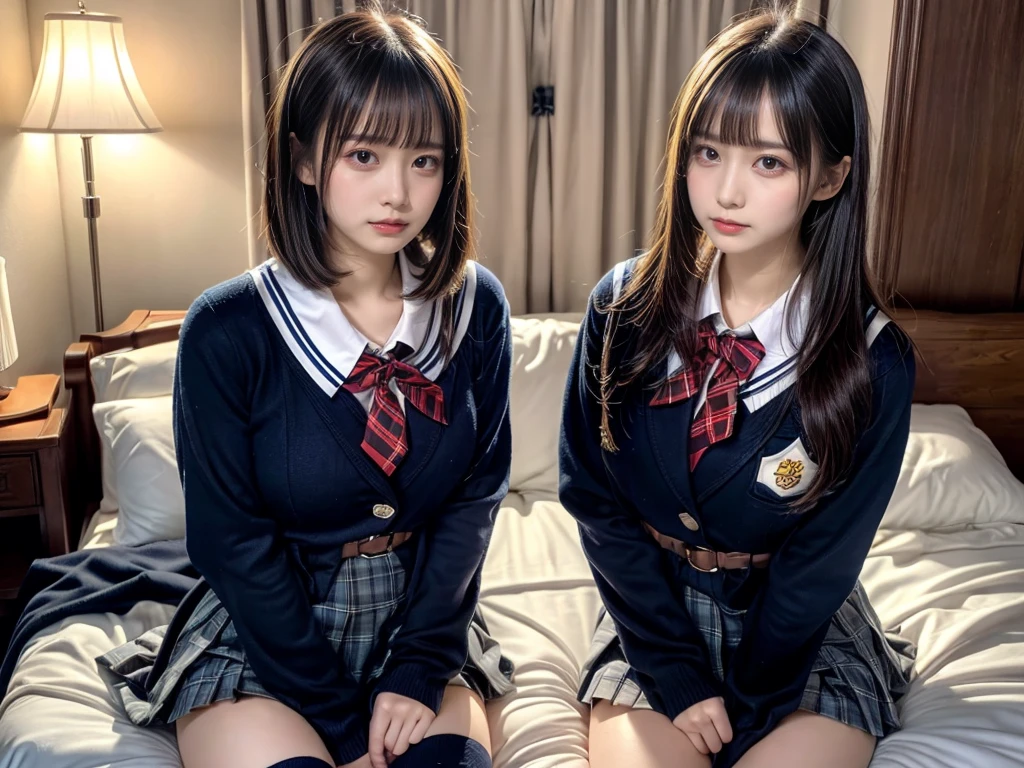 (8K, Raw photography, top-quality, masterpiece:1.2), master piece, best quality, illustration, Super detailed, fine details, High resolution, 8K,wall paper, perfect dynamic composition,(Details High quality, realistic depiction of eyes:1.3), ((2 girls, 2 schoolgirls)), The background is a luxury hotel room、High school girl uniform、blazer 、Super Short Check Uniform Skirt、Navy blue high socks、garterbelts、Colossal tits、Disturbed uniform, Play with each other,Touching each other's bodies,Touching the body of the girl next door, short bob hair, black hair color, huge breasts, Big Natural Color Lip, bold sexy pose, (perfect body shape), crying a little、cold gaze, Beautiful makeup,glitter makeup,Cutest 18 years old, beautiful legs, hposing Gravure Idol, Voluptuous thighs