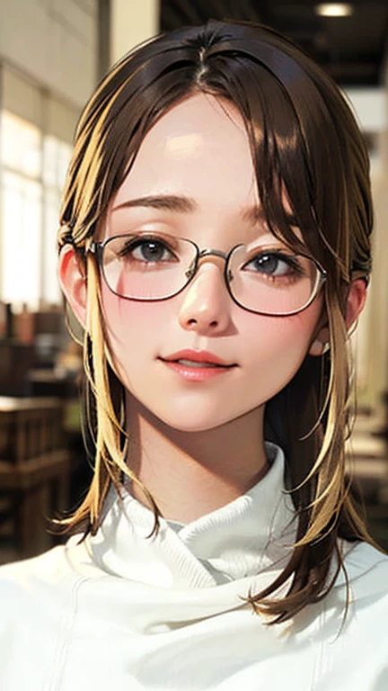 1 female, /(Tight sweater/) V-neck, Mature Woman, /((((Mid-length hair、Light brown hair、Blonde hair)))) Beautiful forehead, Stylish Glasses、A gentle blushing smile, (Masterpiece of the highest quality:1.2) Delicate illustrations, super detailed, /(Modern house living room/) indoor