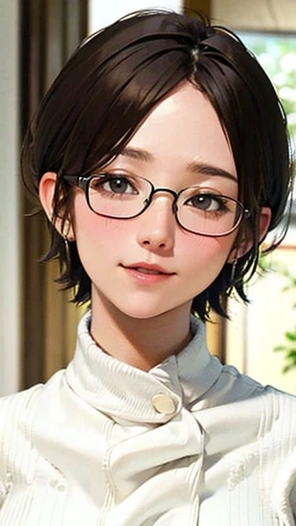 1 female, /(Tight sweater/) V-neck, Mature Woman, /((((short hair、Light brown hair、Blonde hair)))) Beautiful forehead, Stylish Glasses、A gentle blushing smile, (Masterpiece of the highest quality:1.2) Delicate illustrations, super detailed, /(Modern house living room/) indoor