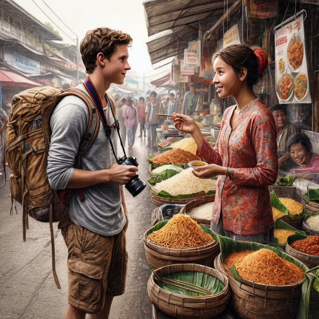 (Best quality at best,4K,8K,A high resolution,tmasterpiece:1.2),ultra - detailed,(actual,photoactual,photo-actual:1.37, A street photography picture of (Tom Holland:1.35) as Peter Parker the wandering backpacker Traveller, with mirrorless camera hanging on his neck, talking with a beautiful Mie Goreng seller woman at her exotic food stall, with an intricate detail of bustling street food market background, professional photorealistic color pencil illustration, highly influenced with Don Lawrence style, octane render, sharp and crisp picture, masterpiece