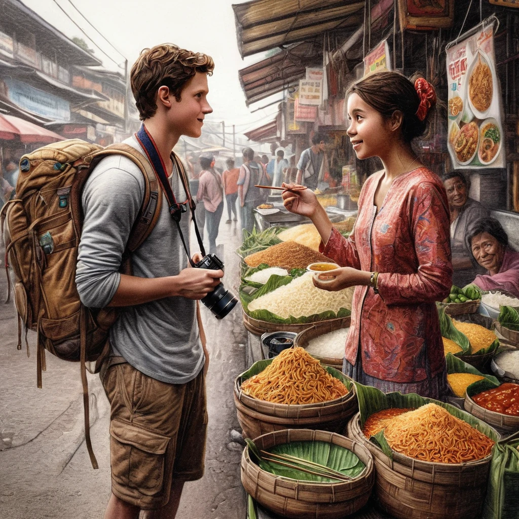 (Best quality at best,4K,8K,A high resolution,tmasterpiece:1.2),ultra - detailed,(actual,photoactual,photo-actual:1.37, A street photography picture of (Tom Holland:1.35) as Peter Parker the wandering backpacker Traveller, with mirrorless camera hanging on his neck, talking with a beautiful Mie Goreng seller woman at her exotic food stall, with an intricate detail of bustling street food market background, professional photorealistic color pencil illustration, highly influenced with Don Lawrence style, octane render, sharp and crisp picture, masterpiece