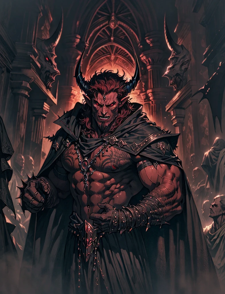 a demonic Mephistopheles, detailed mustache, sharp facial features, piercing eyes, horns, dark red skin, clawed hands, flowing cloak, dark underworld setting, dramatic lighting, moody atmosphere, dark fantasy, cinematic composition, digital painting