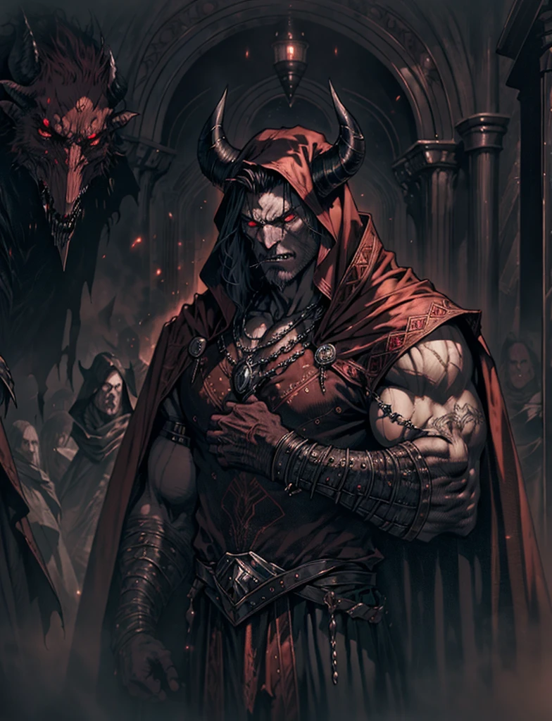 a demonic Mephistopheles, detailed mustache, sharp facial features, piercing eyes, horns, dark red skin, clawed hands, flowing cloak, dark underworld setting, dramatic lighting, moody atmosphere, dark fantasy, cinematic composition, digital painting