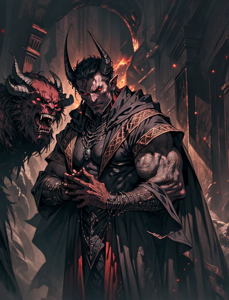 a demonic Mephistopheles, detailed mustache, sharp facial features, piercing eyes, horns, dark red skin, clawed hands, flowing cloak, dark underworld setting, dramatic lighting, moody atmosphere, dark fantasy, cinematic composition, digital painting