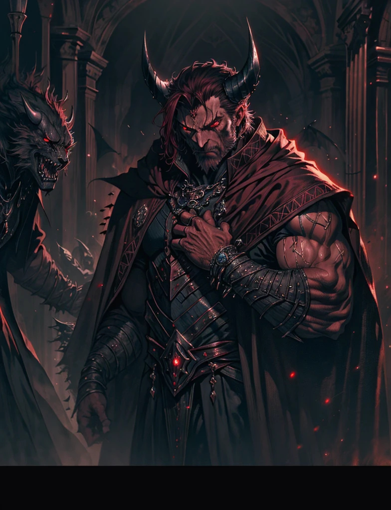 a demonic Mephistopheles, detailed mustache, sharp facial features, piercing eyes, horns, dark red skin, clawed hands, flowing cloak, dark underworld setting, dramatic lighting, moody atmosphere, dark fantasy, cinematic composition, digital painting