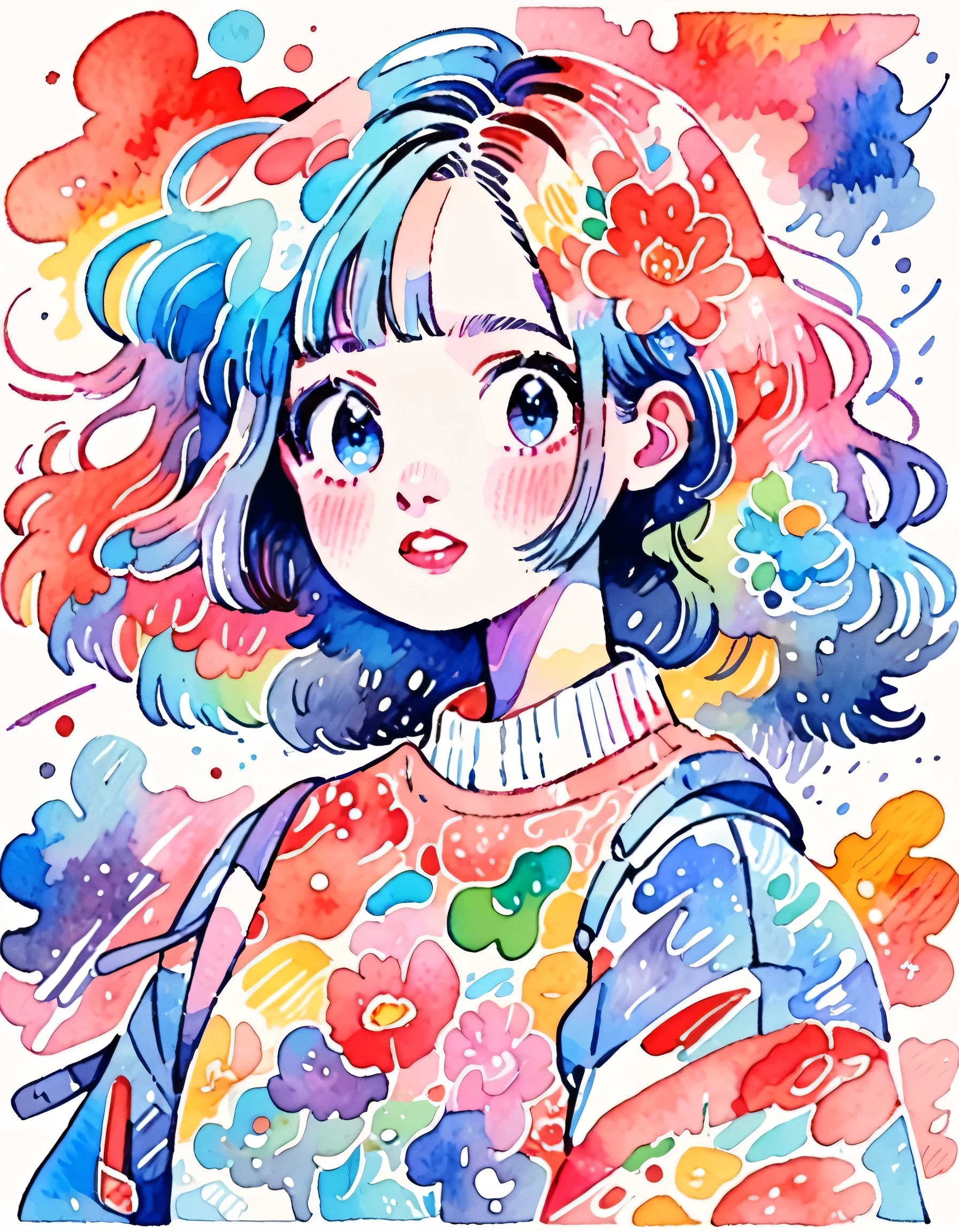 Hiromi Matsuo Style、(((stylish fashion))), 8K Quality、Intense watercolor, Detailed watercolor art, Watercolor splash, Surreal, avant-garde pop art, Beautiful and expressive paintings, Beautiful artwork illustration, Very colorful tones, wonderful, Cool beauty, highest quality、Official Art, Vector art, Stylish design, (((The most beautiful girl))), (((highest quality))), HDR, ((detailed)), (((Doodle Art)), ((masterpiece)), ((Super detailed)), (((Colorful flowers))),(((Stylish)))