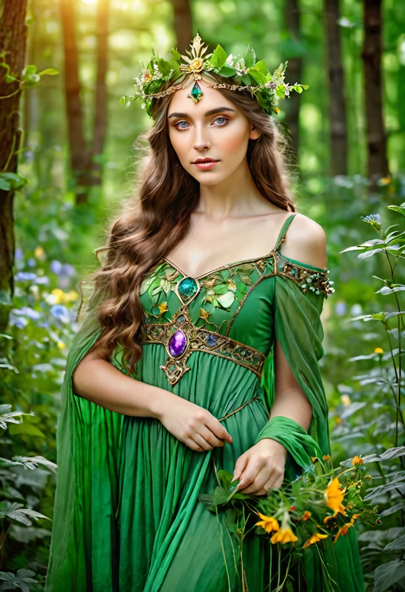 there is a woman dressed in a green dress with a crown of flowers on her head, beautiful young girl, fairy queen of the summer forest, beautiful young girl fantasy, beautiful elven princess, elven princess, beautiful fantasy portrait, pre-Raphaelite style, portrait of an elven queen, medieval princess, she has a crown of flowers, elven princess, pre-Raphaelite style