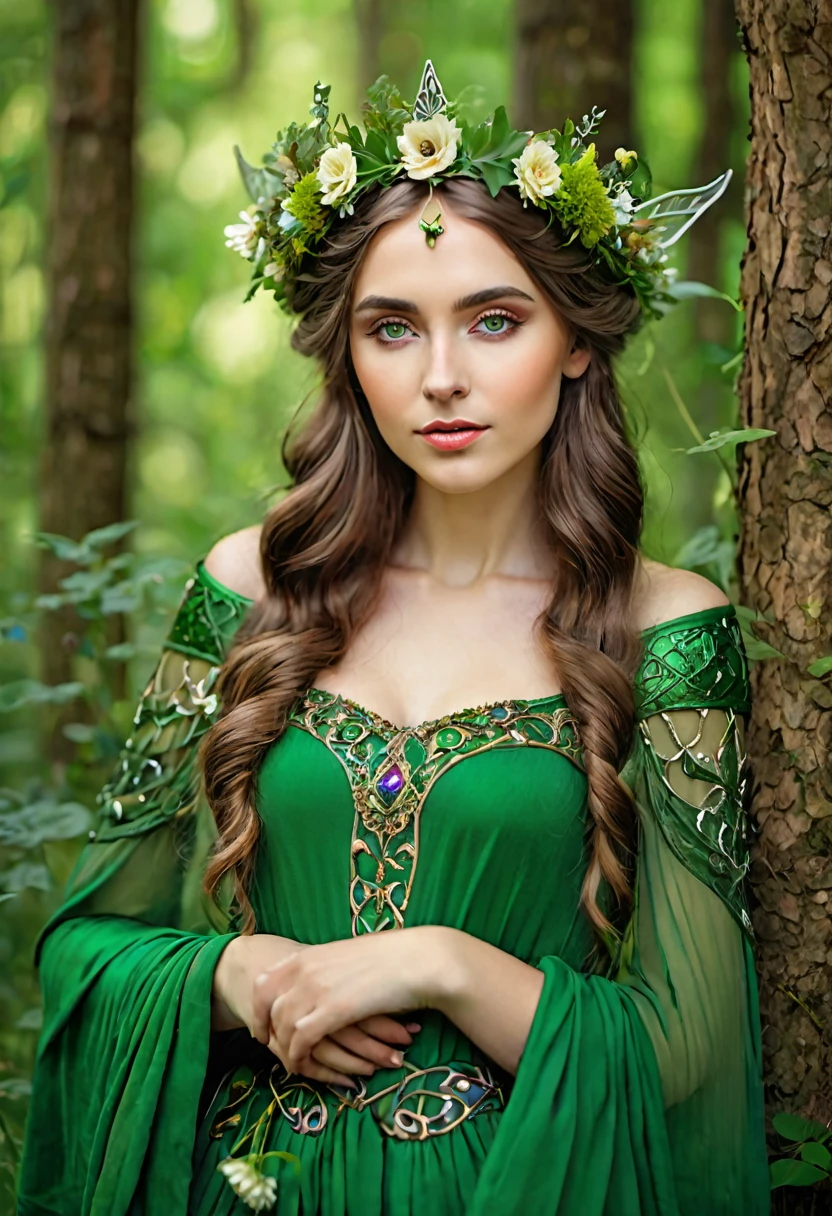 there is a woman dressed in a green dress with a crown of flowers on her head, beautiful young girl, fairy queen of the summer forest, beautiful young girl fantasy, beautiful elven princess, elven princess, beautiful fantasy portrait, pre-Raphaelite style, portrait of an elven queen, medieval princess, she has a crown of flowers, elven princess, pre-Raphaelite style