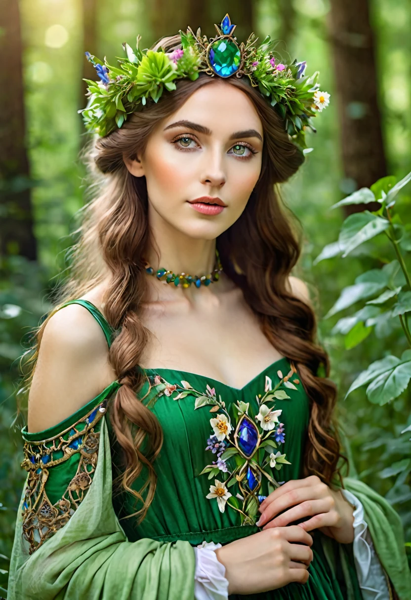 there is a woman dressed in a green dress with a crown of flowers on her head, beautiful young girl, fairy queen of the summer forest, beautiful young girl fantasy, beautiful elven princess, elven princess, beautiful fantasy portrait, pre-Raphaelite style, portrait of an elven queen, medieval princess, she has a crown of flowers, elven princess, pre-Raphaelite style