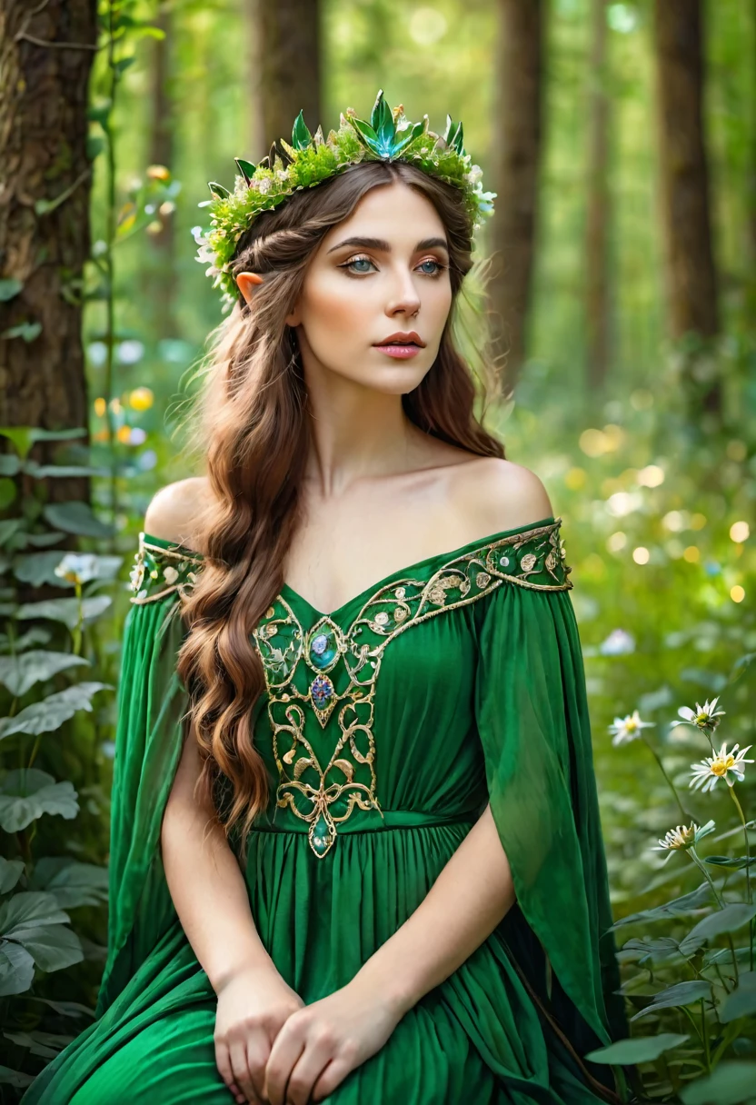 there is a woman dressed in a green dress with a crown of flowers on her head, beautiful young girl, fairy queen of the summer forest, beautiful young girl fantasy, beautiful elven princess, elven princess, beautiful fantasy portrait, pre-Raphaelite style, portrait of an elven queen, medieval princess, she has a crown of flowers, elven princess, pre-Raphaelite style