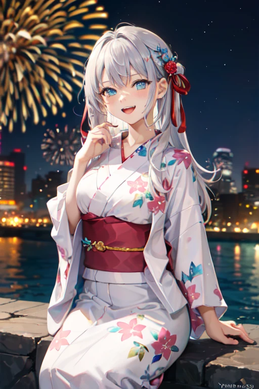 masterpiece, highres, highest quallity, illustration, cinematic light, ultra detailed, detailed face, detailed eyes, best quality, hyper detailed, masterpiece, detailed face,beautiful face,perfect body,1girl,16years old,student,long hair, blue eyes,hair ribbon, white hair, pov,red ribbon,cowboy shot,seductive posture,((motion lines)),silver yukata,wide cuffs,long hem,yukata hair style,hair ornament,fireworks in the sky,sitting in the brook,lovely smile,fun,enjoyed,licking a large cotton candy:1.5,open mouth,nighttime