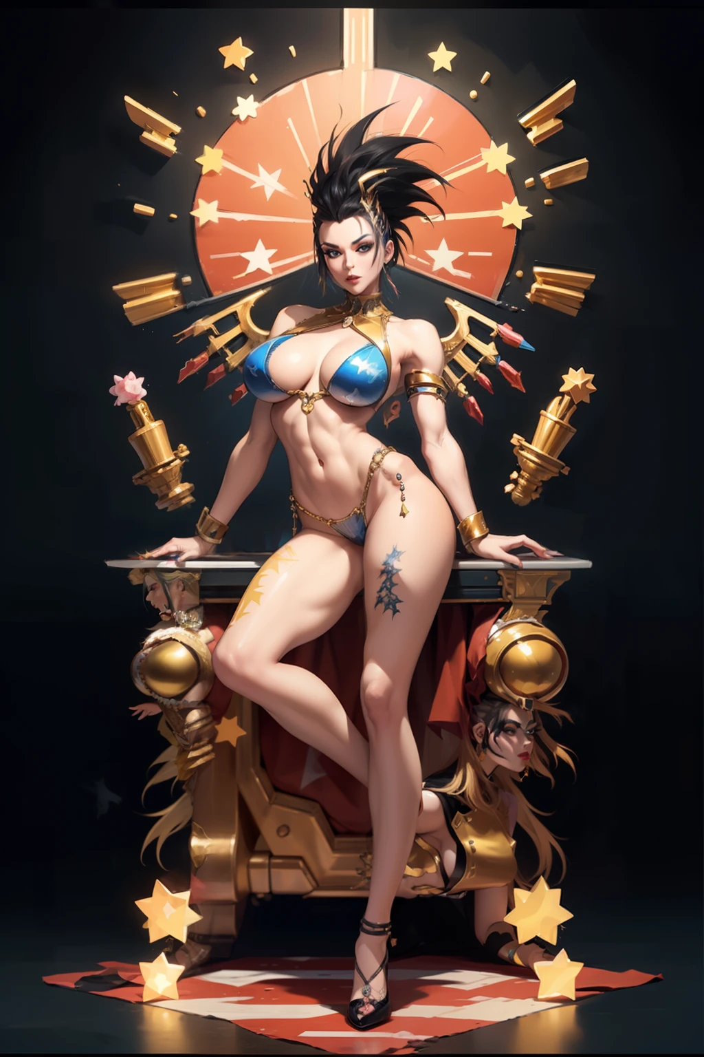 ((Best quality)), ((masterpiece)), (detailed: 1.4), (Absurd), 9full body0, muscular woman of 35 years, kinetic skin yellow gold with (((exposed muscles and bones)))), hot woman, sculptural body with defined muscles, closed mouth, muscular body wearing a micro loincloth, whole body covered by yellow clothing gold neon style Genesis evangelion, ((large breasts)), (eyes with heavy and very black makeup), (((misaligned colored mohawk hair)), (graphic drawings of flames covering the body), ((drawings of golden stars on the arms)), very long eyelashes, heavy eye makeup, lots of jewelry, by mucha, niji --V5, close to real, psychopath, crazy face, sexy pose, 2 piece clothing, pastel, centered, scale to fit the dimensions