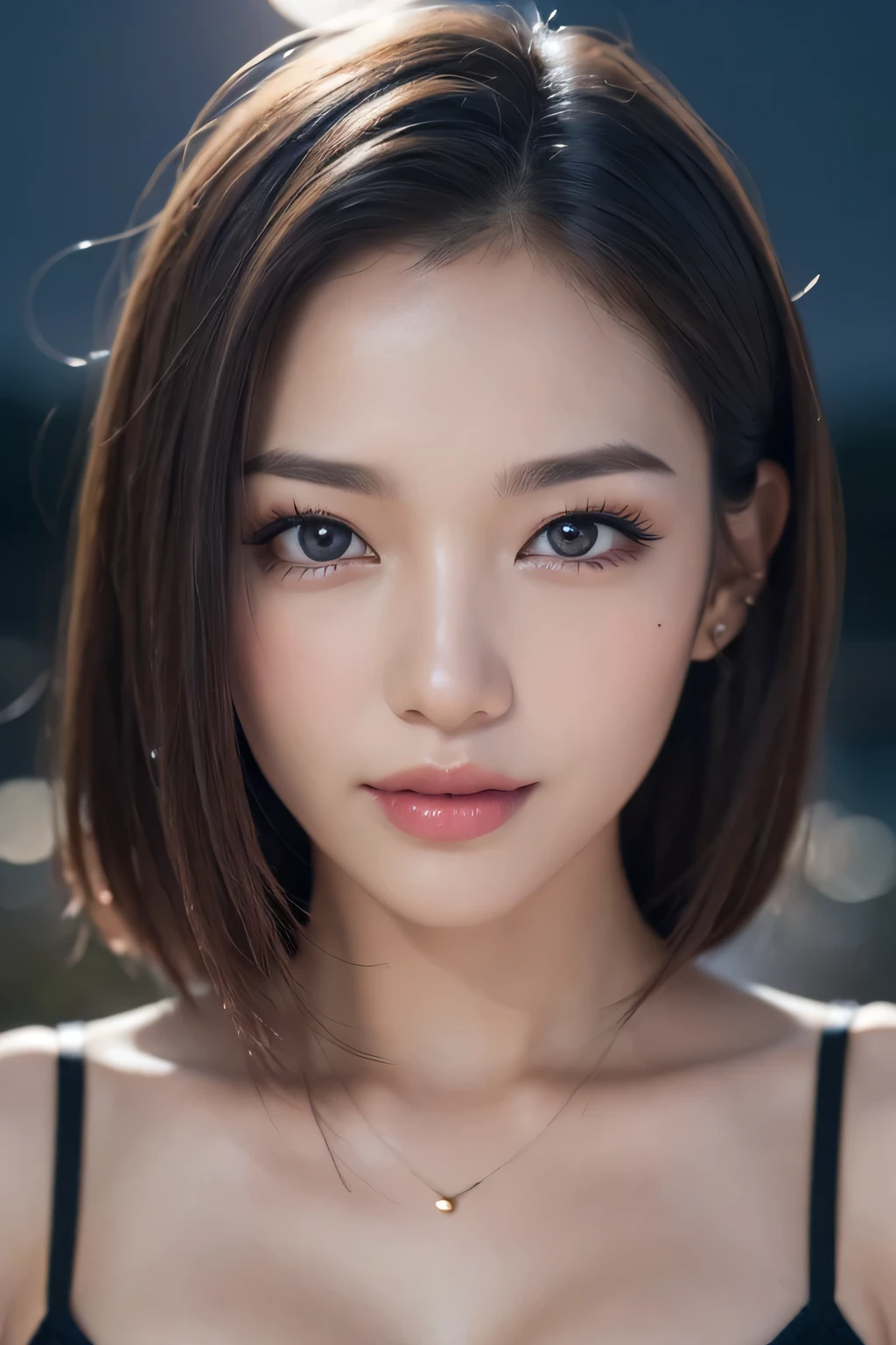 Body portrait, 8K, thin and beautiful eyes, Dindal effect, masterpiece, top quality, high quality, high resolution, very detailed photo, (natural skin texture, fine skin, hyper realism, super sharpness), high detail skin, (very fine, fine skin texture, intricate details, beautiful face, (realistic face), realistic eyes, beautifully detailed eyes, realistic skin, beautiful skin, surreal, very detailed Golden ratio, smiling eyes, ((night moonlight background) )), body portrait, G cup, big breasts, huge breasts, big breasts, glamorous, sexy knit dress,