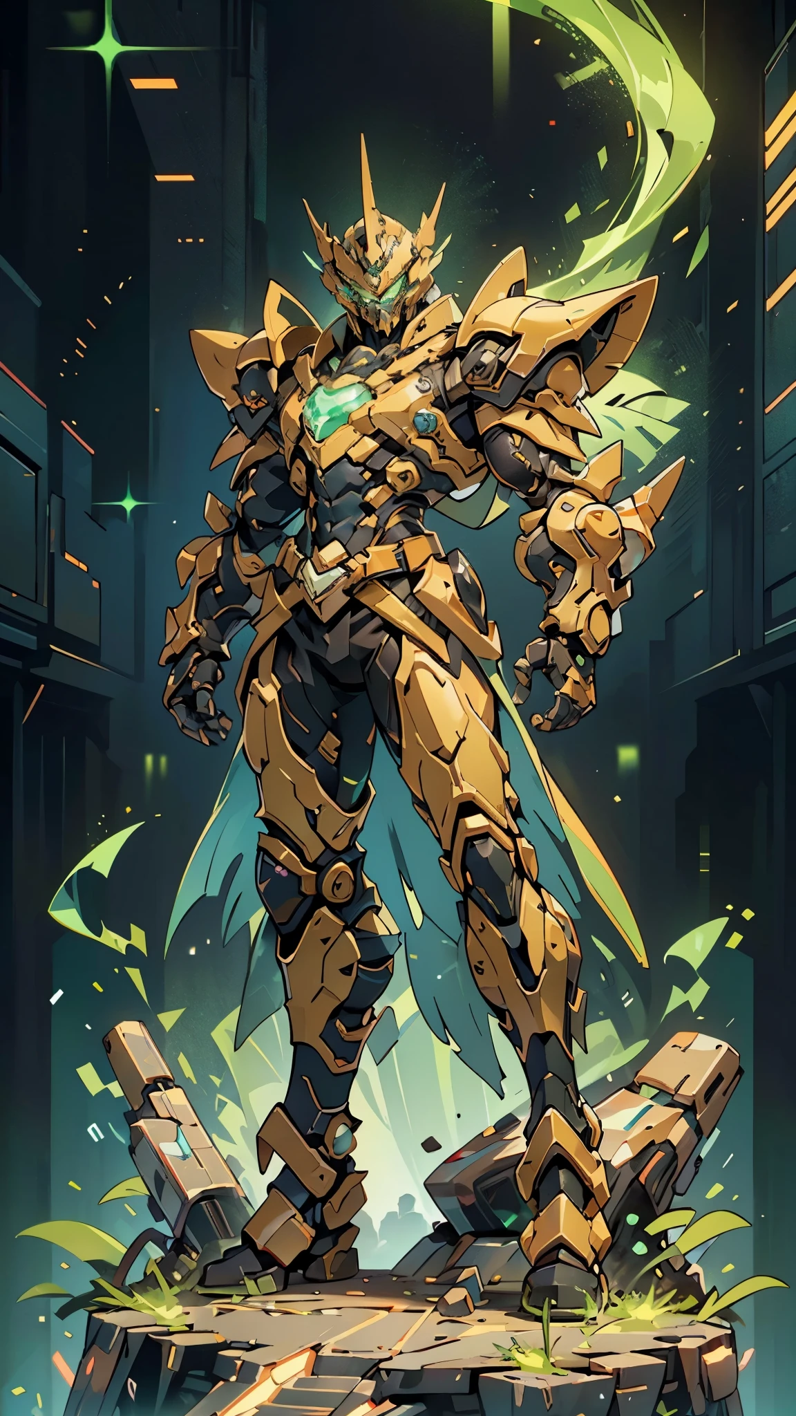 A man wearing a full-face helmet, a fantasy-style biotech armored combat suit, green eyes, (a composite layered chest armor), fully enclosed shoulder guards, matching arm and leg guards, the belt is adorned with exhaust pipes, (the color scheme is primarily black glow with green and red accents), the design balances heavy with agility, a high-tech bio-mecha armor, (Armor Concept Inspired by Cyberpunk motorcycle, stand on the top of a skyscraper in a futuristic sci-fi city), this character embodies a finely crafted fantasy-surreal style armored hero in anime style, exquisite and mature manga art style, (battle damage, element, plasma, energy, the armor glows), ((male:1.5)), metallic, real texture material, dramatic, high definition, best quality, highres, ultra-detailed, ultra-fine painting, extremely delicate, professional, perfect body proportions, golden ratio, anatomically correct, symmetrical face, extremely detailed eyes and face, high quality eyes, creativity, RAW photo, UHD, 32k, Natural light, cinematic lighting, masterpiece-anatomy-perfect, masterpiece:1.5