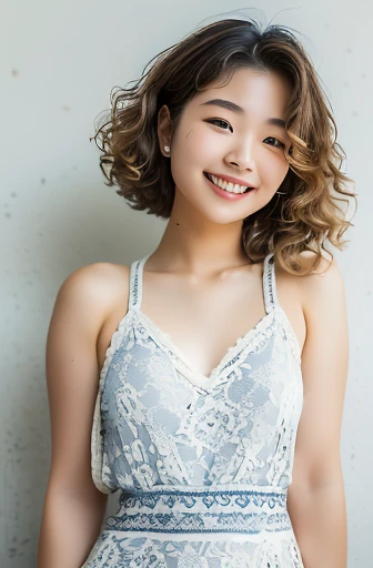 (Very cute 20 year old young woman from Japan), ((delicate hair between brown and blonde)), ((messy side wave short hair)),medium bust size、small tits、 (((Clean hands))),(Curly hair),(((Very sweet smile))), (((she is wearing navy blue and white lace panties))),(((Wearing a beige knit one-piece dress, But that is'turned over by her hand.))),(((She is wearing a bikini))) ((of the highest quality, 16 K, masutepiece: 1.3)), Light on Face, hyperdetailed face, very detailed lips, Detailed eyes, City Street,Angle from below:1.5,