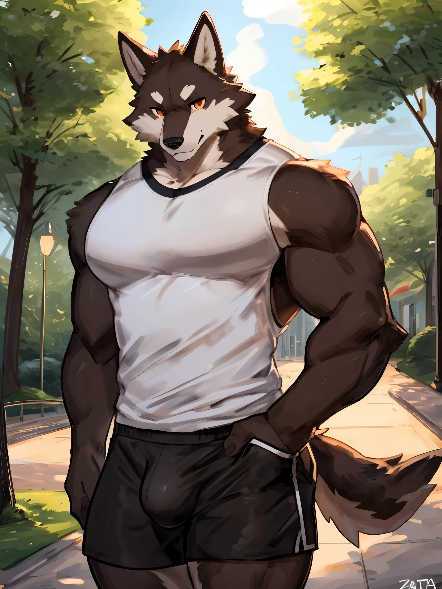 (soft shading), 4k, hi res, ((detailed face, detailed, Best quality, masterpiece, detailed anatomy, detailed eyes, detailed hands, perfect lighting, perfect shading)), by Buta99, by Zackary911, Wolf, 1male, solo, orange eyes, dark brown furs body, big pecs, tail, muscular body, tight white shirt, black shorts, bulge, in the park