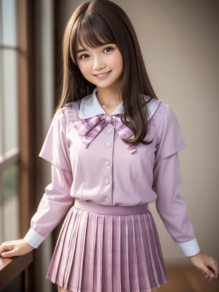 (highest quality, 4k, 8K, High resolution, Tabletop:1.2), Super detailed, Realistic:1.37, Light brown hair, Semi-long hair, Asymmetrical bangs, Mature Woman, high school girl, Sailor suit, Purple and pink checkered micro mini pleated skirt, Super super slender body, Shy and cute face, A very happy smile