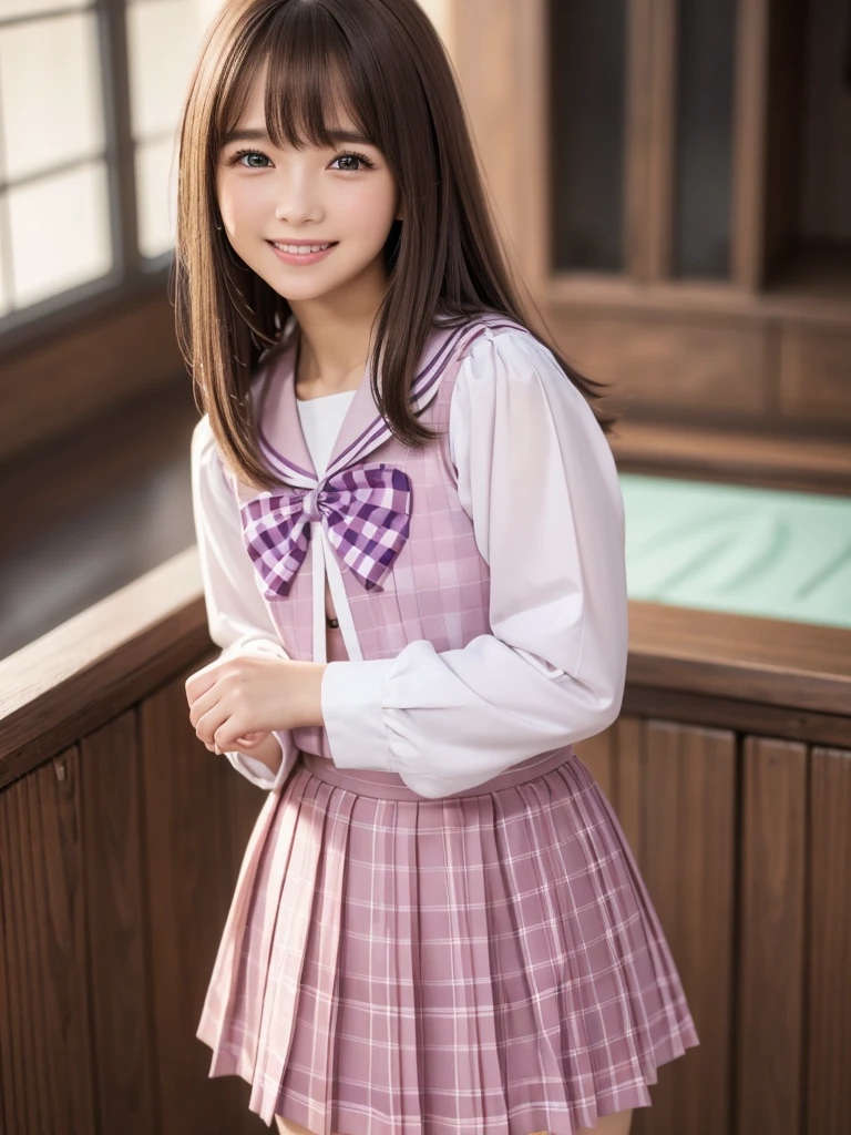 (highest quality, 4k, 8K, High resolution, Tabletop:1.2), Super detailed, Realistic:1.37, Light brown hair, Semi-long hair, Asymmetrical bangs, Mature Woman, high school girl, Sailor suit, Purple and pink checkered micro mini pleated skirt, Super super slender body, Shy and cute face, A very happy smile