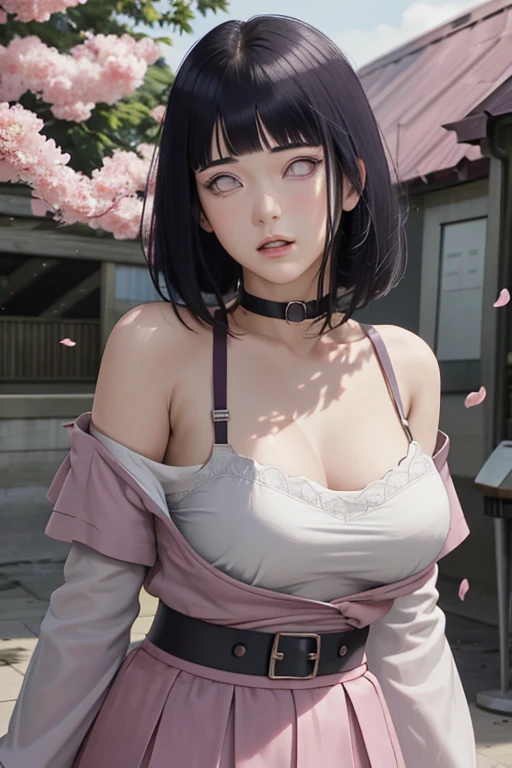 masterpiece, absurdres, hinata\(boruto\), 1girl, solo,mature female, off-shoulder strap bra, high waist short skirt, looking at viewer, (falling petals), perfect composition, detailed lips, big breast, beautiful face, body propotion, blush, (pink lips), long hair, purple eyes, soft gaze, super realistic, detailed, photoshoot, realistic face and body,