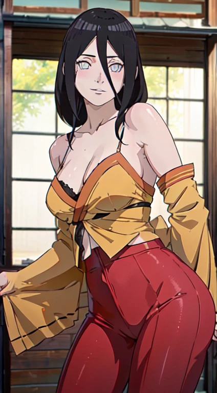 ((((masterpiece, best quality, high resolution)))), 1girl, average breasts, blush, light smile, parted lips, glow, thighs, bare shoulders, collarbone, narrow waist, cleavage, (masterpiece), (beautiful detailed face, beautiful detailed eyes), (hanabi\(boruto\) 