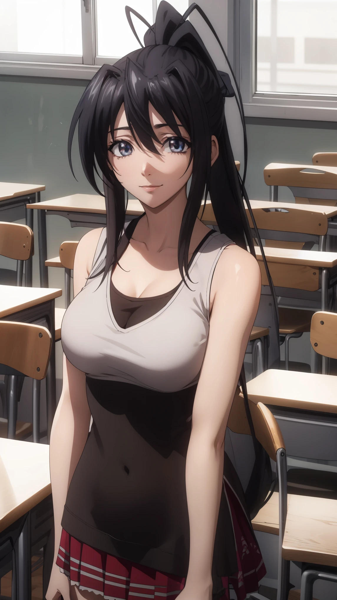 cleavage, Akeno Himejima,eft_dxd_akeno,16 HD, ponytail,
BREAK (white tank top, black miniskirt:1.2)
BREAK indoors, classroom,
BREAK cowboy shot, light smile, arm behind back,
BREAK (masterpiece:1.2), best quality, high resolution, unity 8k wallpaper, (illustration:0.8), (beautiful detailed eyes:1.6), extremely detailed face, perfect lighting, extremely detailed CG, (perfect hands, perfect anatomy),