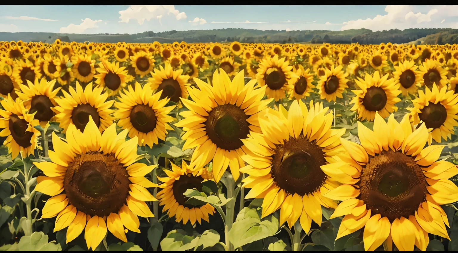 Sunflower field, zoomed out, a large number of sunflowers, more zoomed out