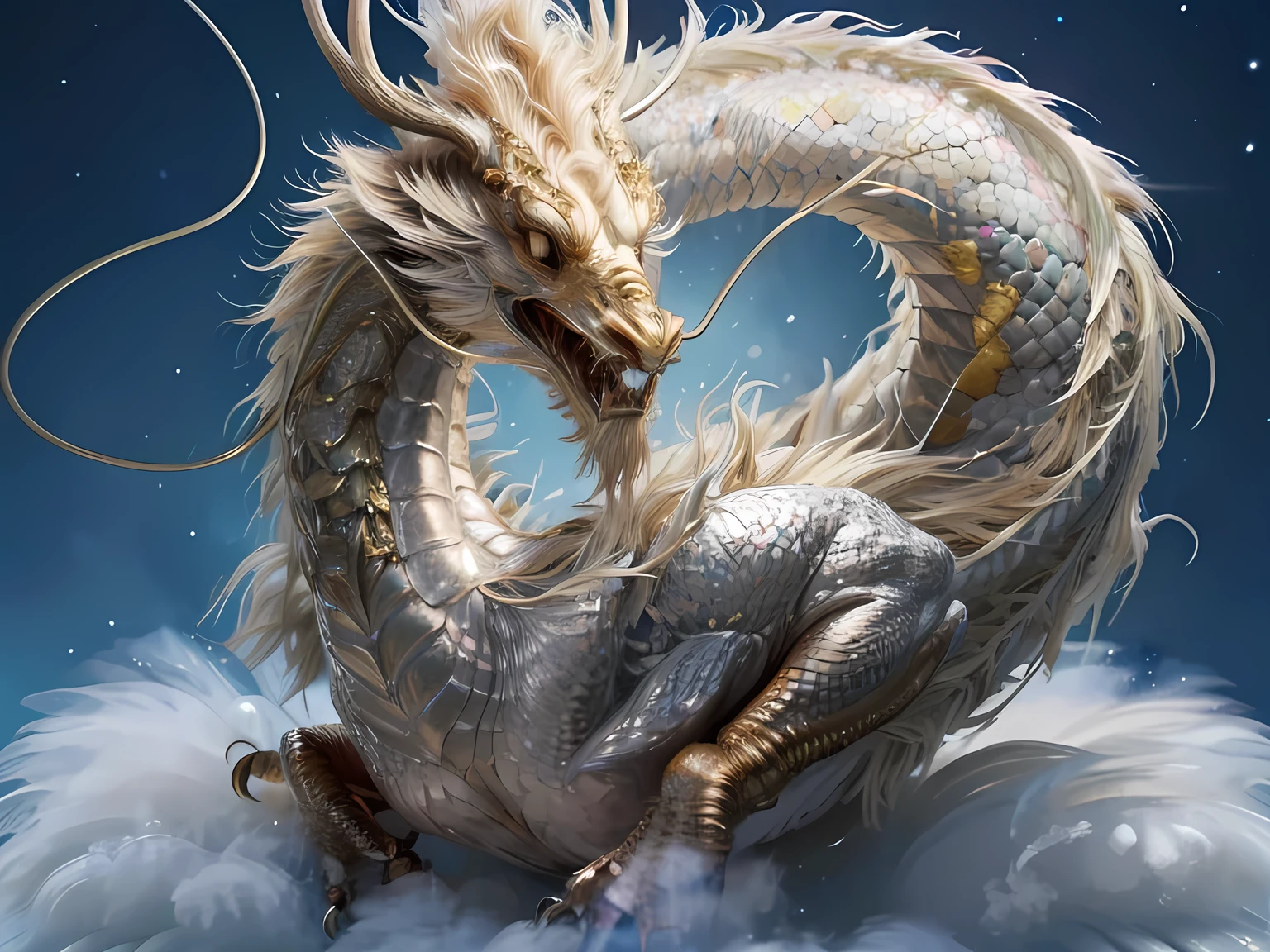 A logo、​masterpiece、(On White Background:1)、Iridescent Chinese dragon surrounded by gold dust、Deities々Right、the wind、Deities、Long body、tusk、Fantasia、myth、hightquality、ighly detailed、​masterpiece、epic poem、Particle effect、Dynamic effects、The background is Mt. Fuji in winter in Japan、facing front、New Year sunrise、The presence of clouds、Default the face of the dragon god