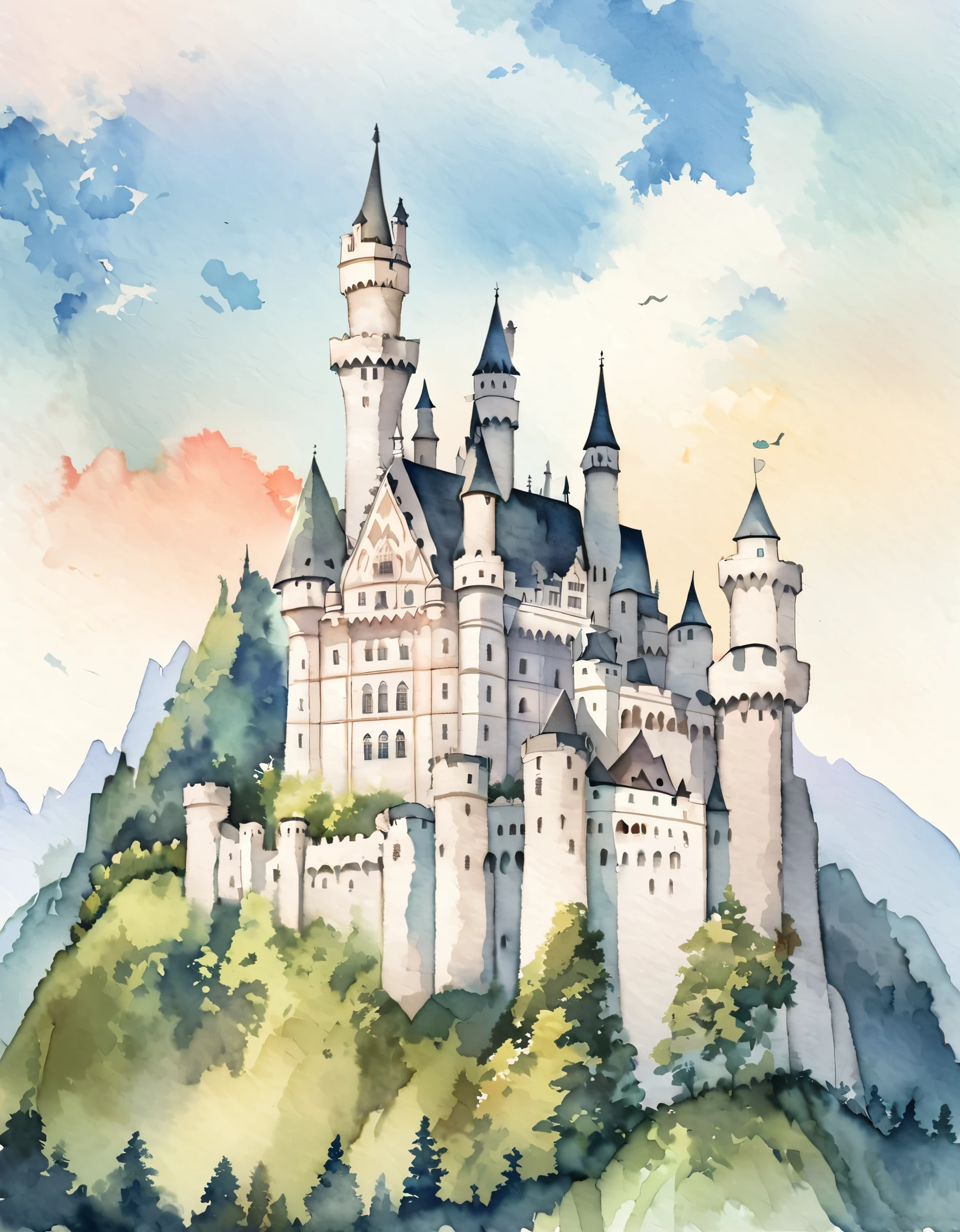 Neuschwanstein Castle, The exterior walls are made of brick covered with white limestone., A romantic castle for a king chasing an unfulfilled dream, Beautiful castle, Castles in Germany, Built on a hill, Watercolor:1.2, Whimsical and delicate, Like an illustration in a children's book, Gentle brushwork, Dim, The pale colors create a fantastical look.