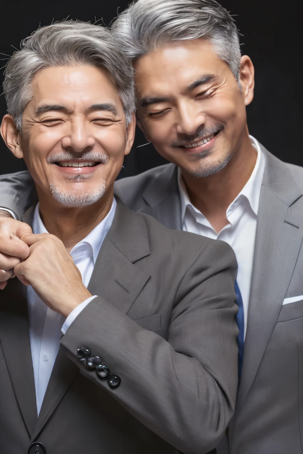 (masterpiece), (highest quality), Very detailed, ((Two friendly men:1.5)), Perfect Face, Beautiful Face, Very detailedな顔,(Black-haired man:1.3),(Grey-haired man:1.3)、(Close your eyes and smile:1.4)