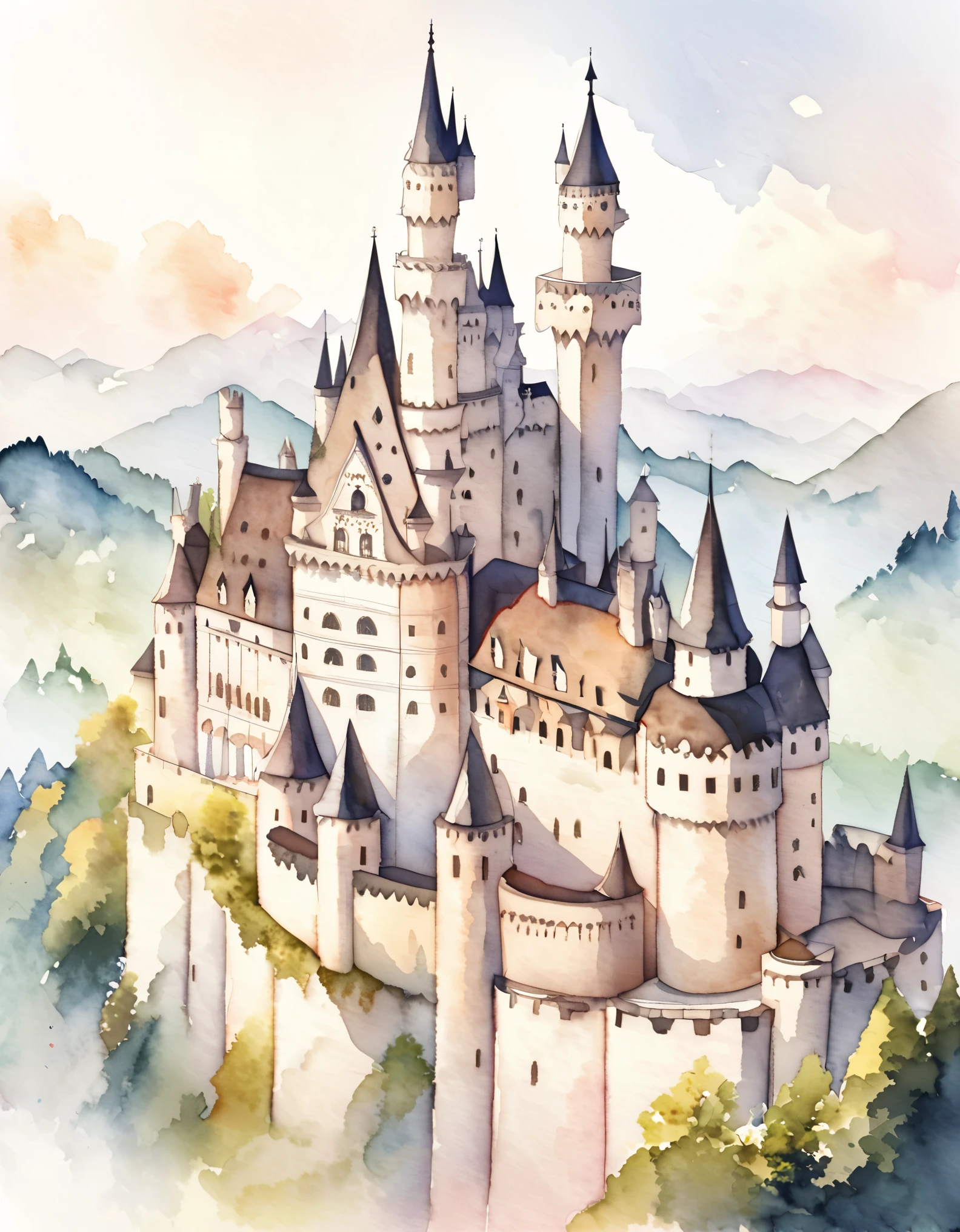 Neuschwanstein Castle, The exterior walls are made of brick covered with white limestone., A romantic castle for a king chasing an unfulfilled dream, Beautiful castle, Castles in Germany, Built on a hill, Watercolor:1.2, Whimsical and delicate, Like an illustration in a children's book, Gentle brushwork, Dim, The pale colors create a fantastical look.