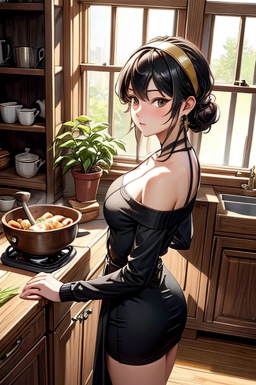 (from above:1.0),(from side:0.9),masterpiece, 1girl, Amazing Cleavage:1.1, thin waist, big ass, Raised sexy, small breast: 1.3, posed cleavage:1.2、solo, looking at viewer, open mouth, have a cute grass of cute beergrass,black hair, dark green eyes, dress, bare shoulders, jewelry, collarbone, sidelocks, hairband, earrings, indoors, off shoulder, :o, sweater, arms behind back, plant, short hair with long locks, gild hairband, off-shoulder dress, sweater dress, off-shoulder sweater, red sweater, dark gord hair, big side hair, very long side hair,is rendered in (masterpiece: 1.2, best quality), with (ultra high resolution) and an exquisite (depth of field). This masterpiece is not only visually stunning but also tells,A scene of cooking in the kitchen by classroom