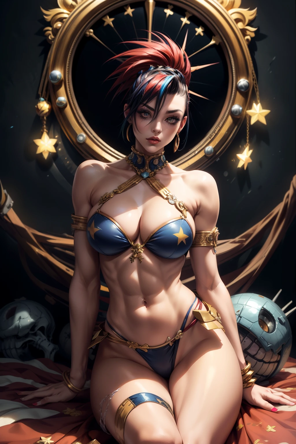((Best quality)), ((masterpiece)), (detailed: 1.4), (Absurd), 9full body0, muscular woman of 35 years, kinetic skin yellow gold with (((exposed muscles and bones)))), hot woman, sculptural body with defined muscles, closed mouth, muscular body wearing a micro loincloth, whole body covered by yellow clothing gold neon style Genesis evangelion, ((large breasts)), (eyes with heavy and very black makeup), (((misaligned colored mohawk hair)), (graphic drawings of flames covering the body), ((drawings of golden stars on the arms)), very long eyelashes, heavy eye makeup, lots of jewelry, by mucha, niji --V5, close to real, psychopath, crazy face, sexy pose, 2 piece clothing, pastel, centered, scale to fit the dimensions