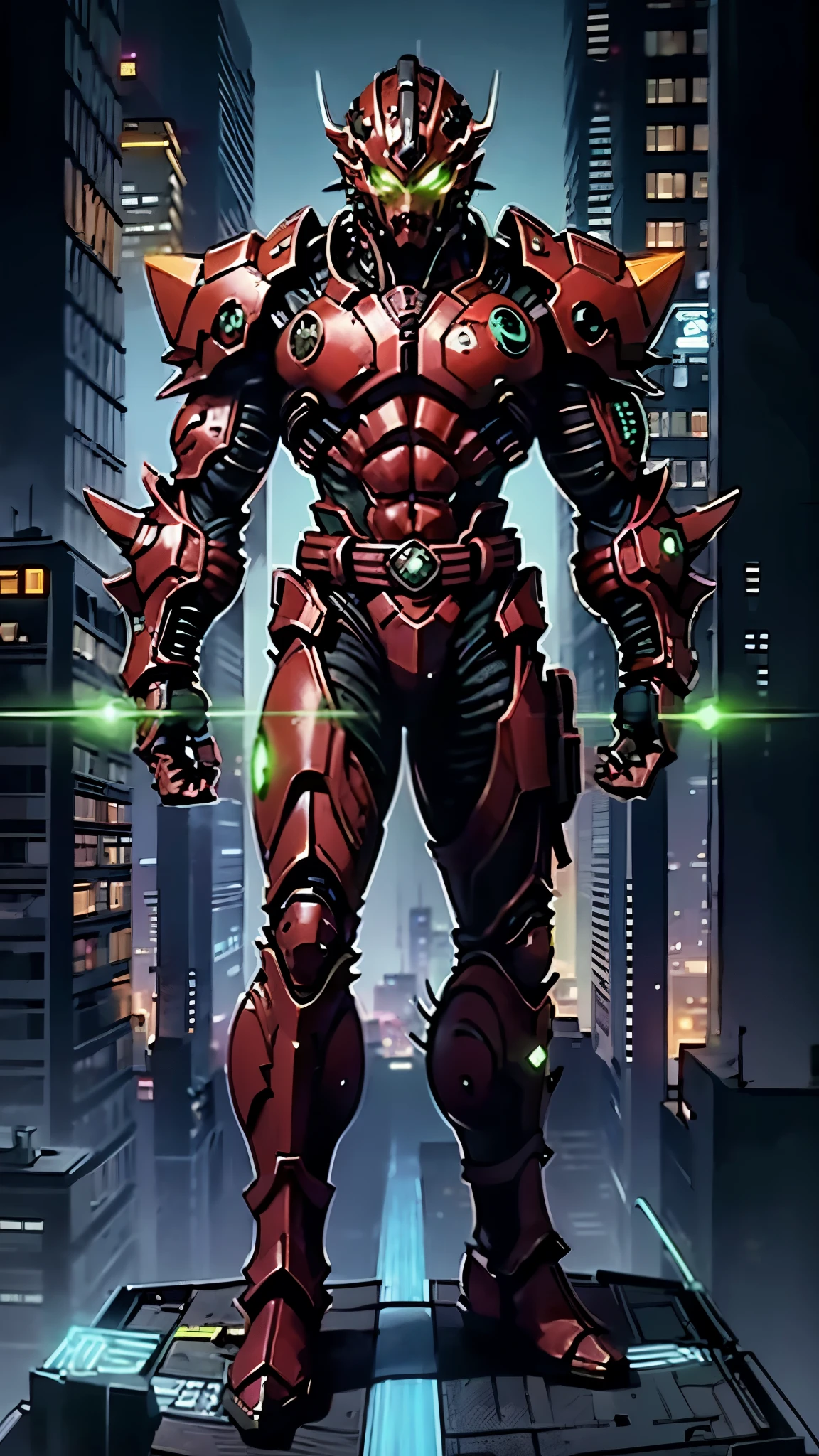 A man wearing a full-face helmet, a fantasy-style biotech armored combat suit, green eyes, (a composite layered chest armor), fully enclosed shoulder guards, matching arm and leg guards, the belt is adorned with exhaust pipes, (the color scheme is primarily black glow with green and red accents), the design balances heavy with agility, a high-tech bio-mecha armor, (Armor Concept Inspired by Cyberpunk motorcycle, stand on the top of a skyscraper in a futuristic sci-fi city), this character embodies a finely crafted fantasy-surreal style armored hero in anime style, exquisite and mature manga art style, (battle damage, element, plasma, energy, the armor glows), ((male:1.5)), metallic, real texture material, dramatic, high definition, best quality, highres, ultra-detailed, ultra-fine painting, extremely delicate, professional, perfect body proportions, golden ratio, anatomically correct, symmetrical face, extremely detailed eyes and face, high quality eyes, creativity, RAW photo, UHD, 32k, Natural light, cinematic lighting, masterpiece-anatomy-perfect, masterpiece:1.5