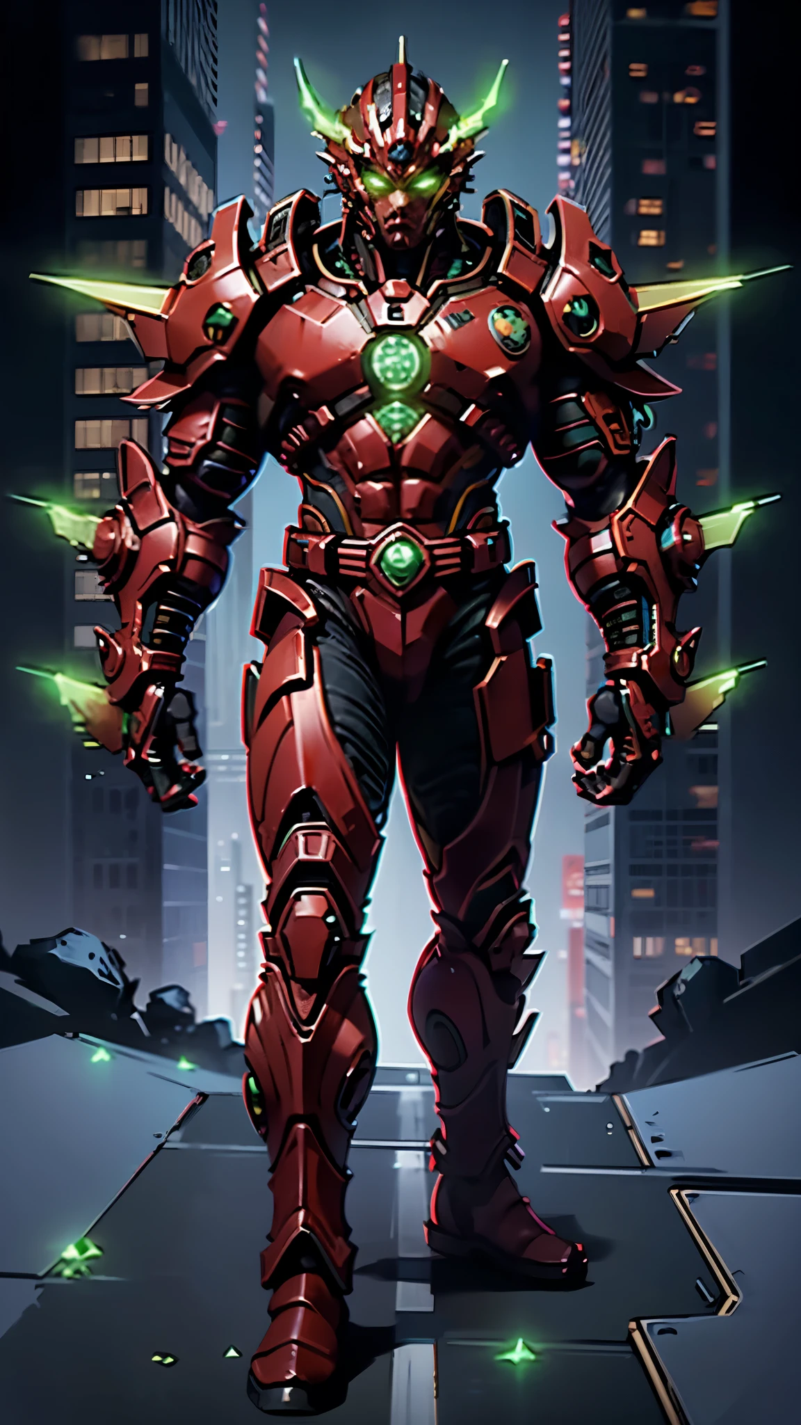 A man wearing a full-face helmet, a fantasy-style biotech armored combat suit, green eyes, (a composite layered chest armor), fully enclosed shoulder guards, matching arm and leg guards, the belt is adorned with exhaust pipes, (the color scheme is primarily black glow with green and red accents), the design balances heavy with agility, a high-tech bio-mecha armor, (Armor Concept Inspired by Cyberpunk motorcycle, stand on the top of a skyscraper in a futuristic sci-fi city), this character embodies a finely crafted fantasy-surreal style armored hero in anime style, exquisite and mature manga art style, (battle damage, element, plasma, energy, the armor glows), ((male:1.5)), metallic, real texture material, dramatic, high definition, best quality, highres, ultra-detailed, ultra-fine painting, extremely delicate, professional, perfect body proportions, golden ratio, anatomically correct, symmetrical face, extremely detailed eyes and face, high quality eyes, creativity, RAW photo, UHD, 32k, Natural light, cinematic lighting, masterpiece-anatomy-perfect, masterpiece:1.5